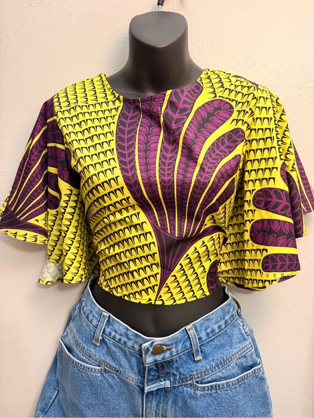 Vibrant Yellow & Purple Printed Flutter-Sleeve Crop Top